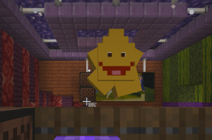 A crudely made armor stand model of Twinkers, smiling down towards the viewer lying down in a Minecraft bed.